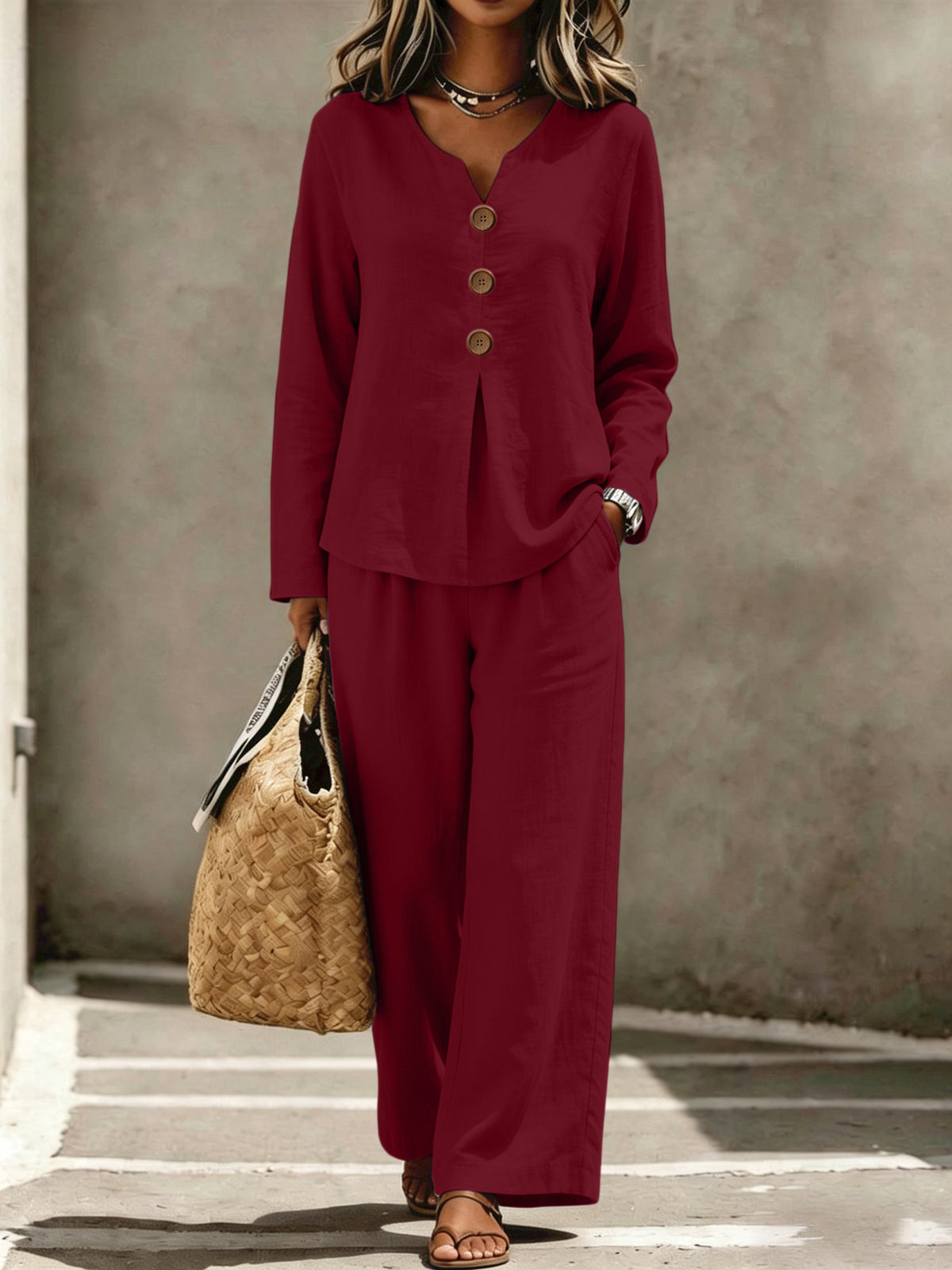 Womens Casual Buttoned V-Neck Long-Sleeve Top And Pants Set – Premium 0 | RICALOUX