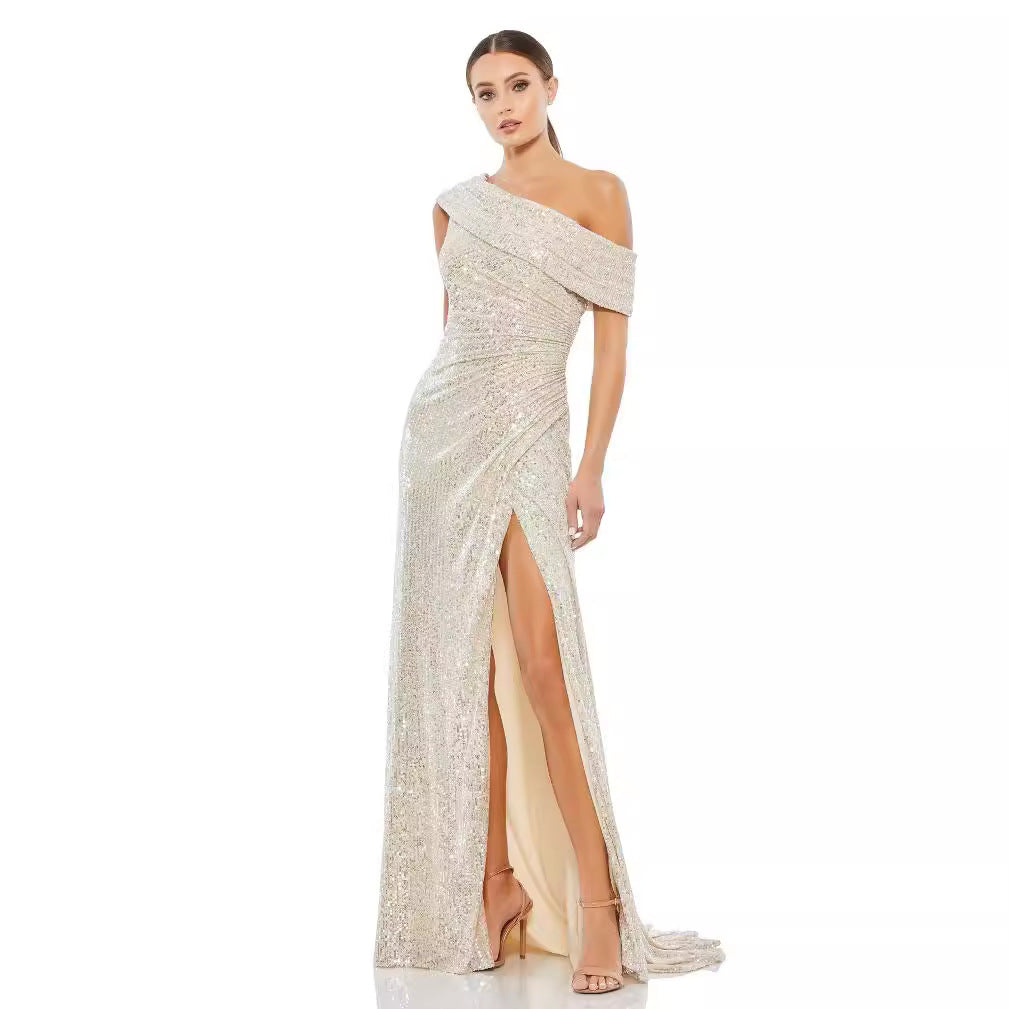 Sequined Evening Gown Chic Off-shoulder Design With A High Slit Celebrity-style Dress by Ricaloux