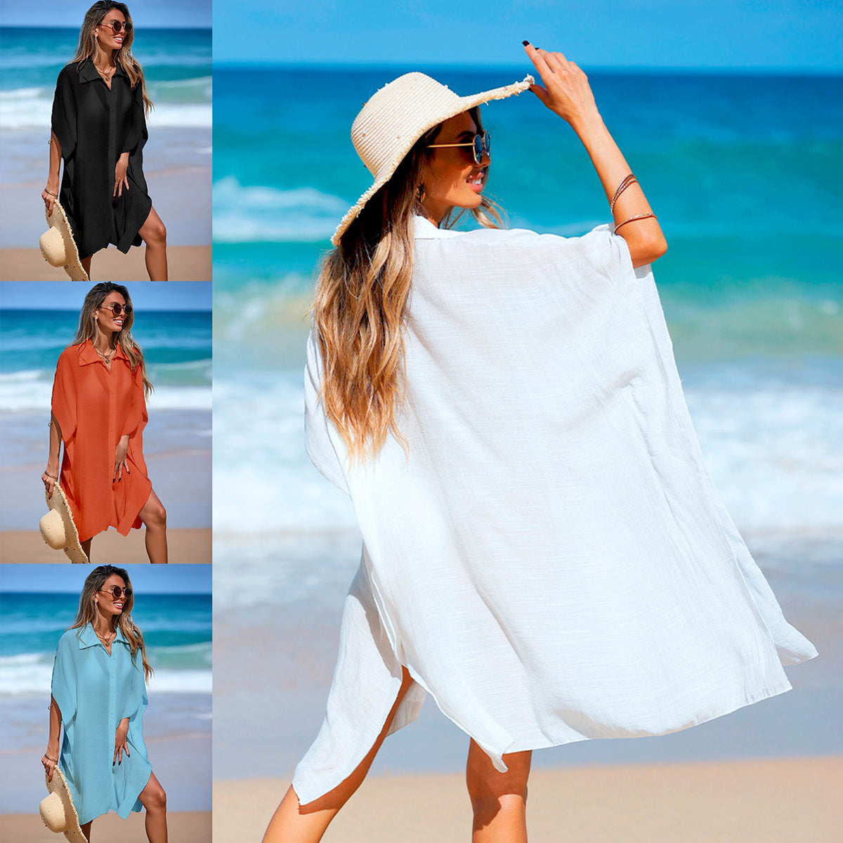 2026 Beach Cover Up, Polo Collar Shirt Dress, Sheer Loose Short Sleeve Bikini Cover Up – Premium 4 | RICALOUX