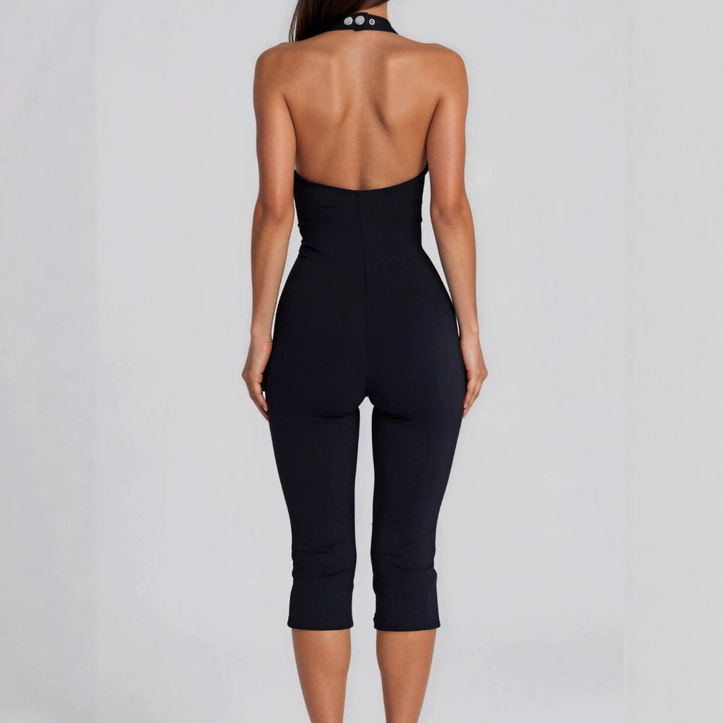 Halter-neck Metal-hole Tight Capri Jumpsuit by Ricaloux