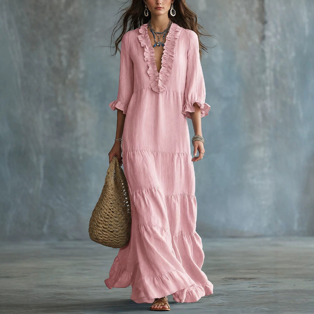 Womens V-neck Layered Casual Flowing Maxi Dress With Ruffled Hem – Premium 0 | RICALOUX