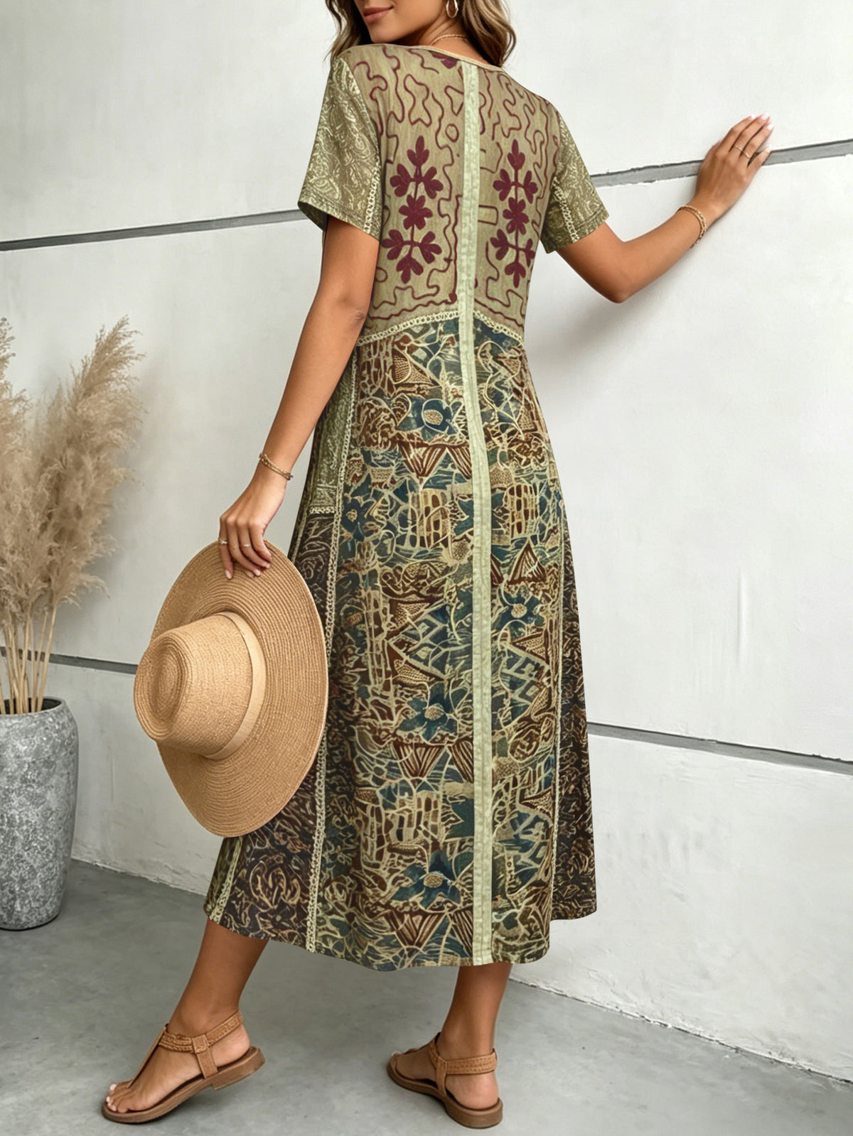 Women's V-Neck Short Sleeve Bohemian Embroidered Print Maxi Dress Casual Loose Button Front Long Dress For Vacation – Premium 4 | RICALOUX