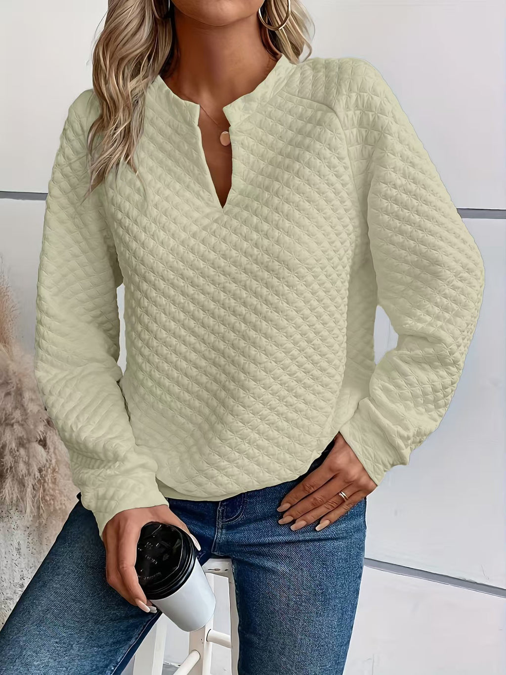 Womens Solid-Color Deep V-Neck Spliced Long-Sleeve Top by Ricaloux