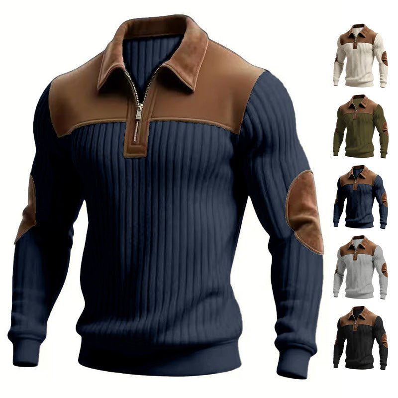 Notched-collar Patchwork Knit Top With Embroidered Zipper Hoodie - RICALOUX
