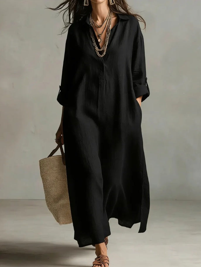 A Beige Linen Shirt Dress With A Relaxed French Vacation Vibe, Featuring A Turned-down Collar With A Half-placket, Rolled-up Sleeves, Side-slit Pockets, And A Long Shirt Dress Designperfect For Trave – Premium 4 | RICALOUX
