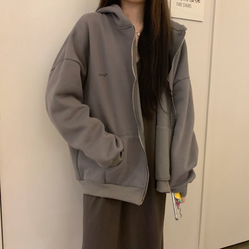 Women's Loose Long Sleeve Zipper Pocket Hoodie - RICALOUX
