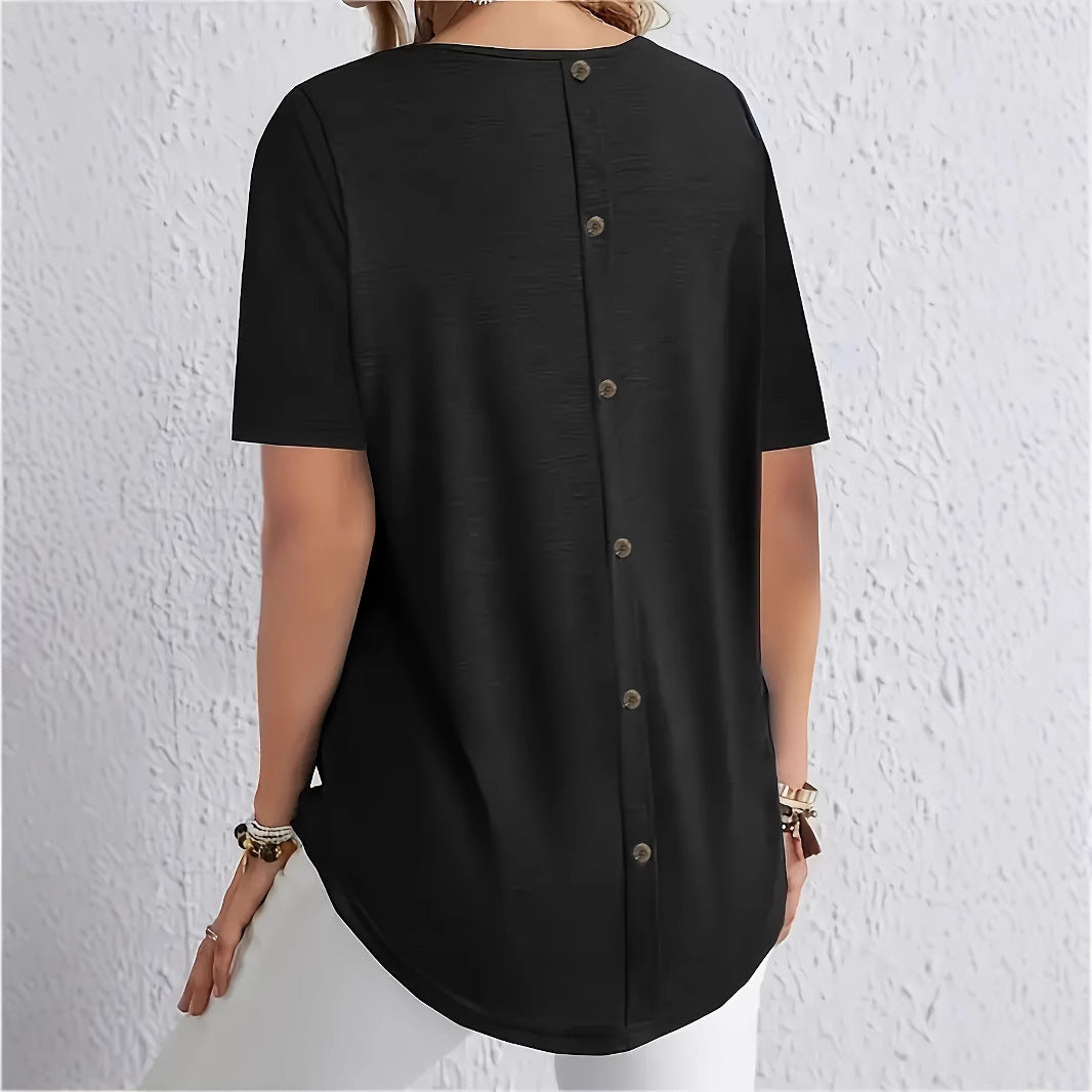 Solid-color T-shirt With Elegant Back-button Detailing – Premium 0 | RICALOUX