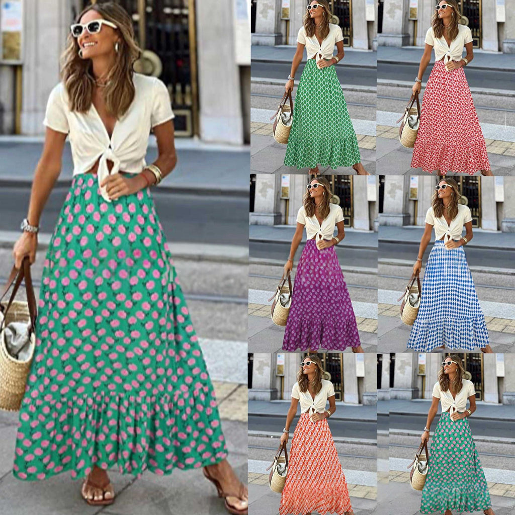 Printed Beach Casual Pleated Maxi Skirt by Ricaloux