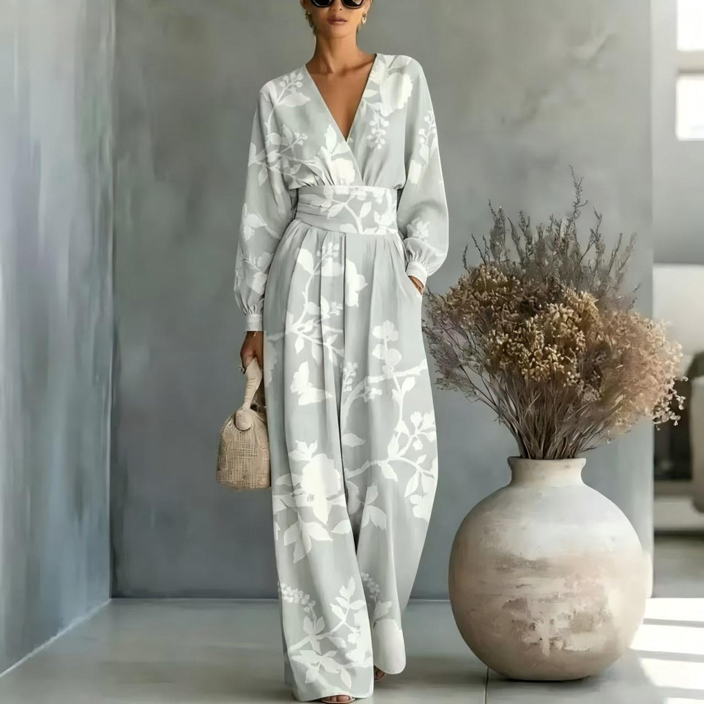 V-neck Long-sleeve Womens Printed Jumpsuit by Ricaloux