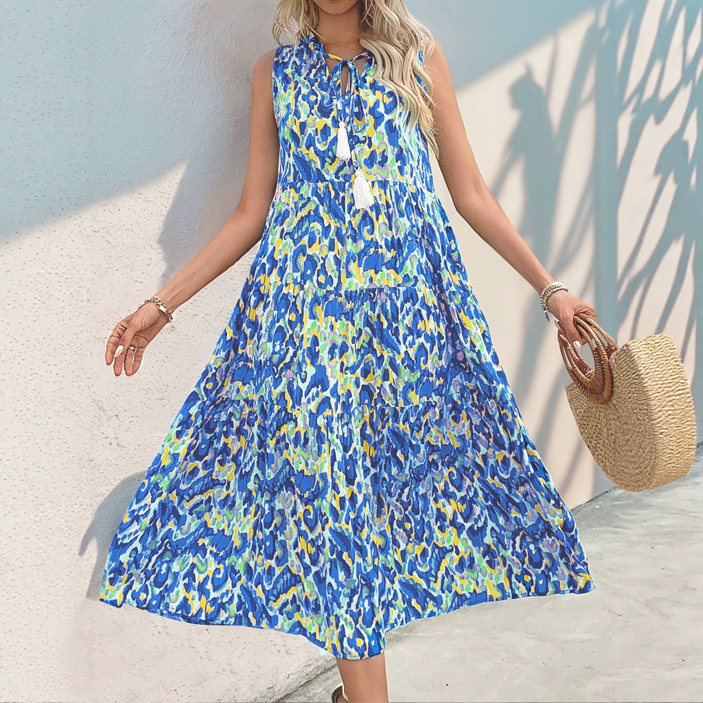 Sleeveless V-neck Tassel Abstract-print Dress by Ricaloux