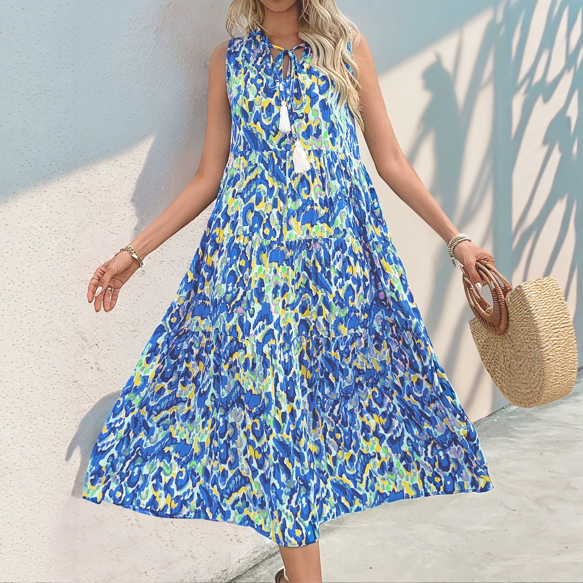 Sleeveless V-neck Tassel Abstract-print Dress by Ricaloux