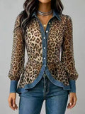 New Womens Leopard-Print Patchwork Denim Long-Sleeve Shirt by Ricaloux