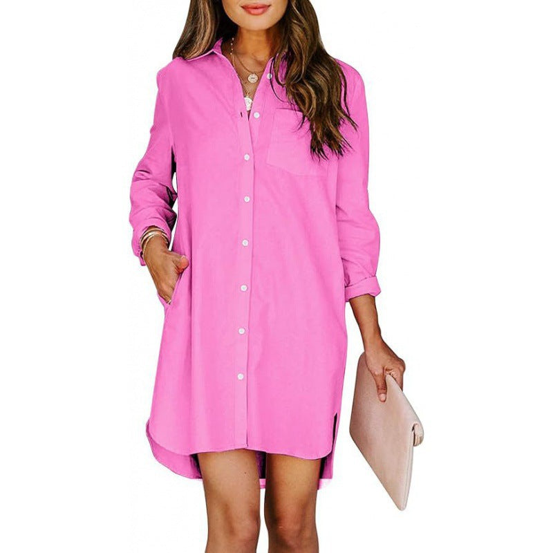 Pocketed Cotton-buttoned Belted Long-sleeved Solid-color High-low Blouse – Premium 0 | RICALOUX
