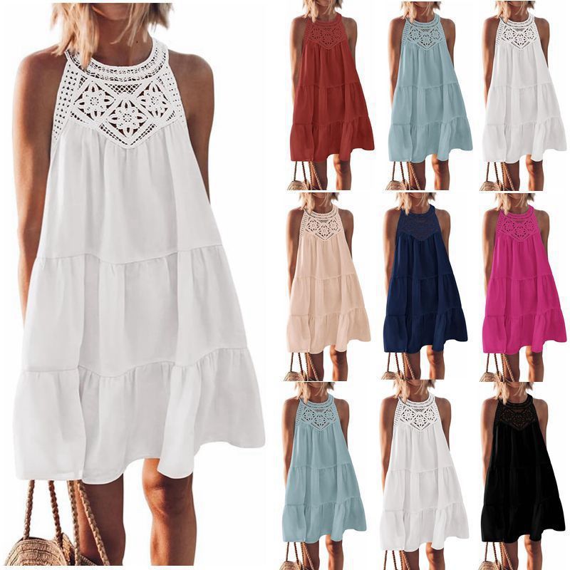 Womens Hollowed-Out Lace-Trimmed Halterneck A-Line Dress – Premium 0 | RICALOUX