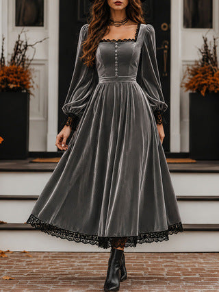 Square-neck Lace-panel Velvet Dress by Ricaloux