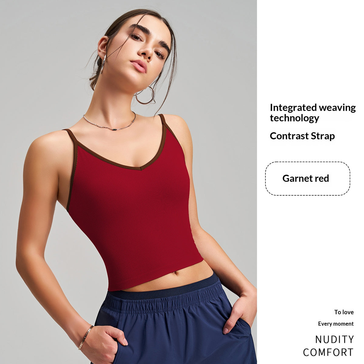 Color-block V-neck Camisole With Built-in Padded Cups, Color-block Straps, Wearable As Outerwear, Sports Tank Top For Pilates And Yoga With Back-flattering Design by Ricaloux