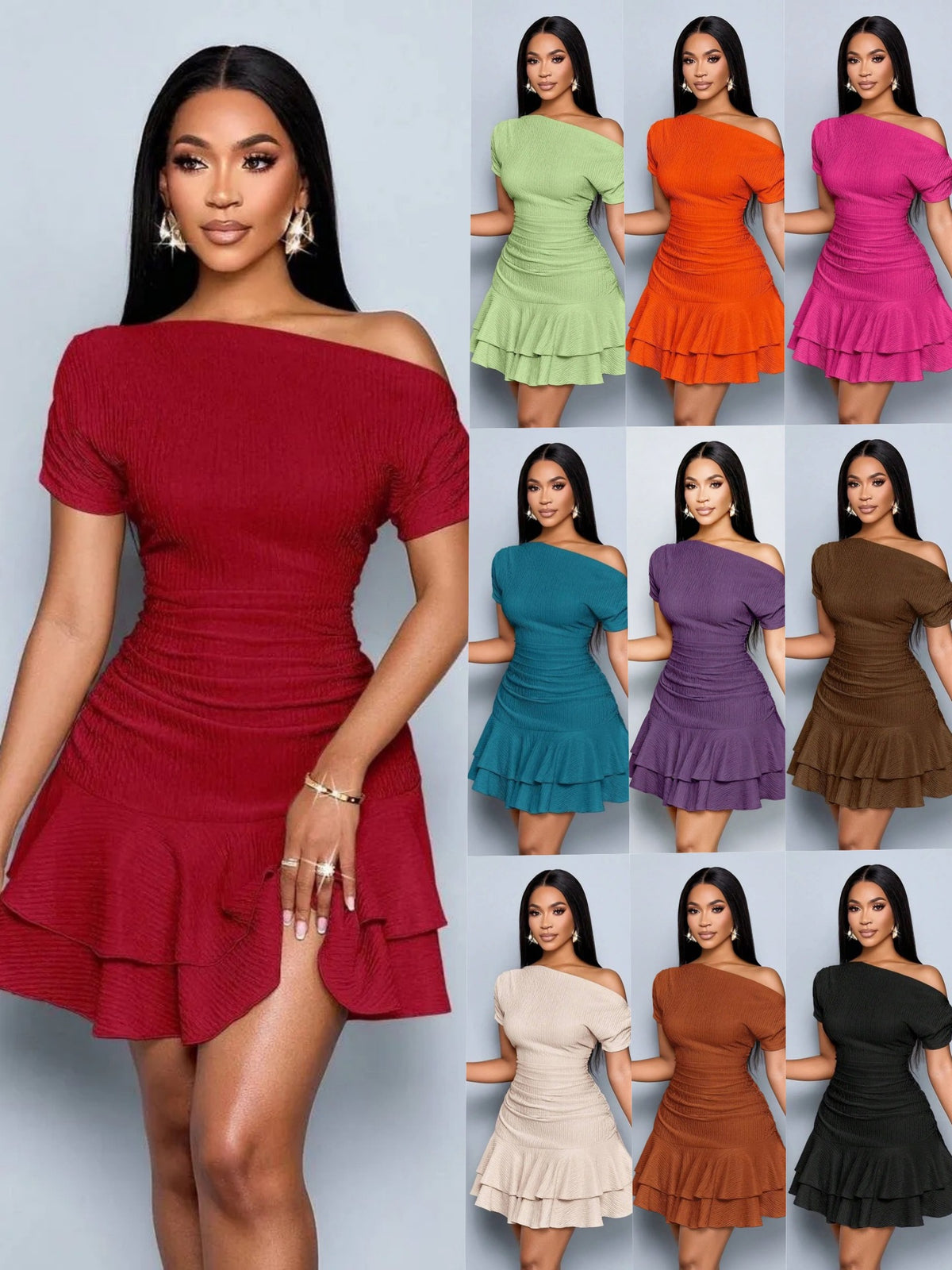 Summer Asymmetrical One Shoulder Short Sleeve Ruched Bodycon Ruffle Mini Dress - Sexy Solid Color Club Dress, Multiple Colors Available by Ricaloux