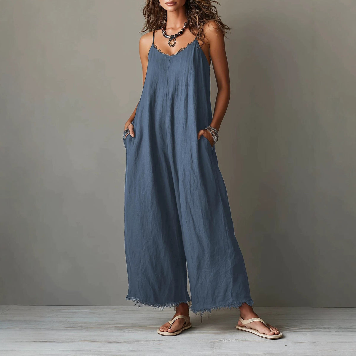 Womens Loose-fitting Solid-color Wide-leg Jumpsuit With Straps by Ricaloux
