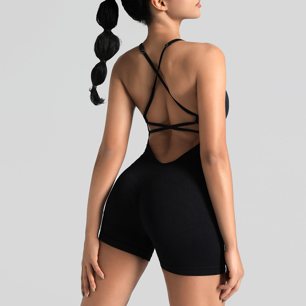 Seamless One-Piece Yoga Jumpsuit, Outdoor Back-Support Sports Bra, Peach Butt Fitness Outfit, Strappy Skin-Tight Bodysuit by Ricaloux