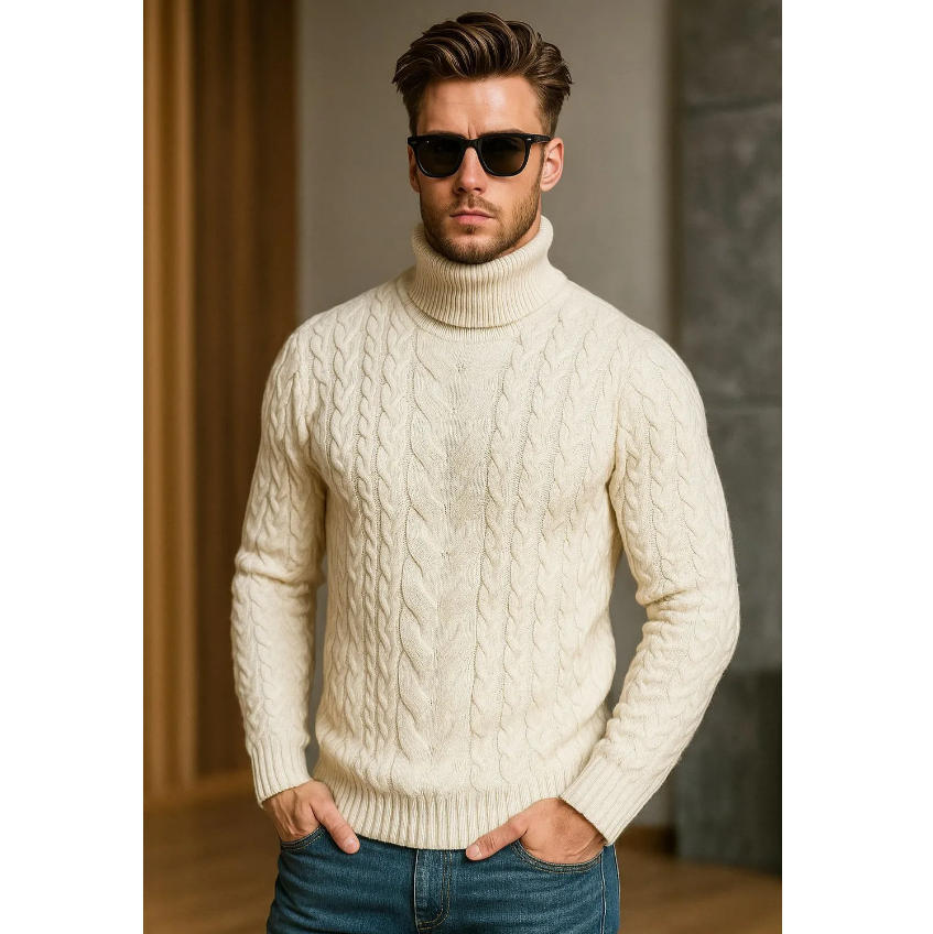 Mens Turtleneck Cable-Knit Sweater In Plus Sizes by Ricaloux