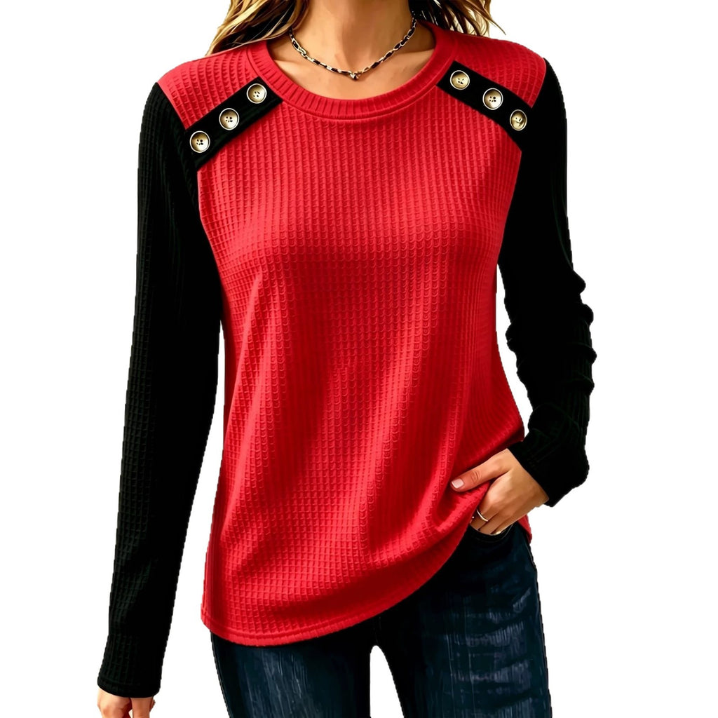 FallWinter Crew-neck Patchwork Waffle-knit Long-sleeve Top by Ricaloux