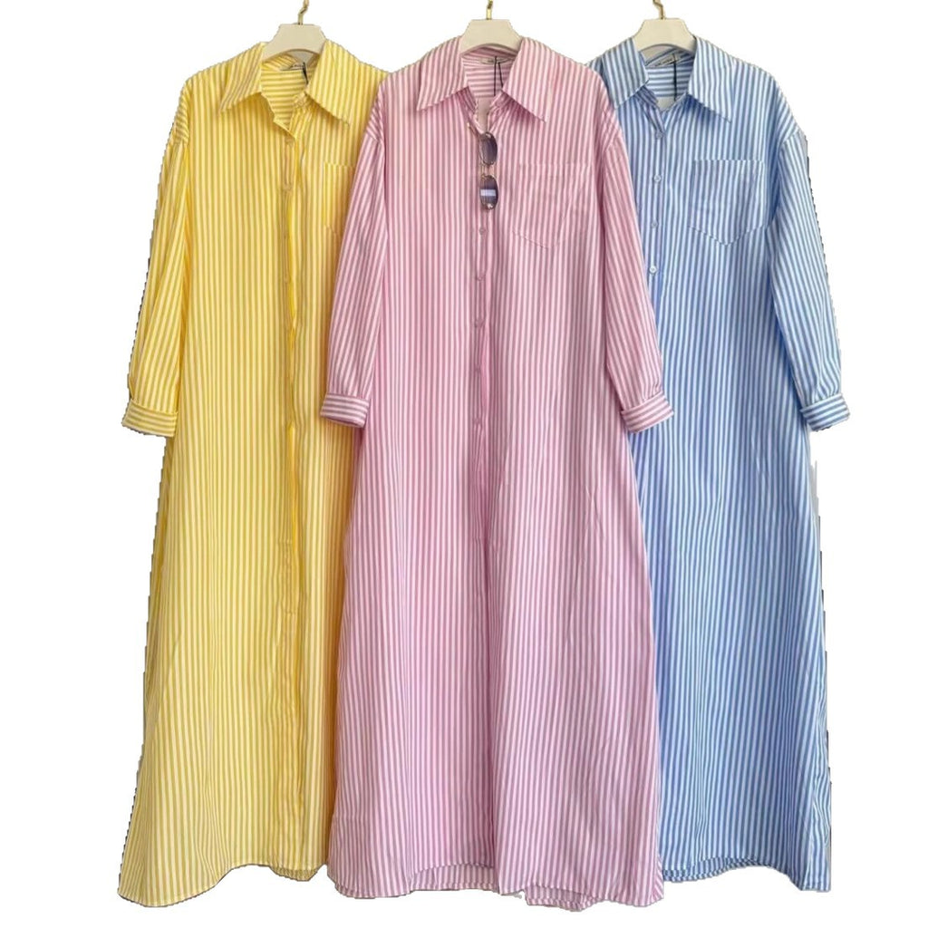 Womens Lapel-collar Long-sleeve Striped Single-breasted Dress – Premium 0 | RICALOUX
