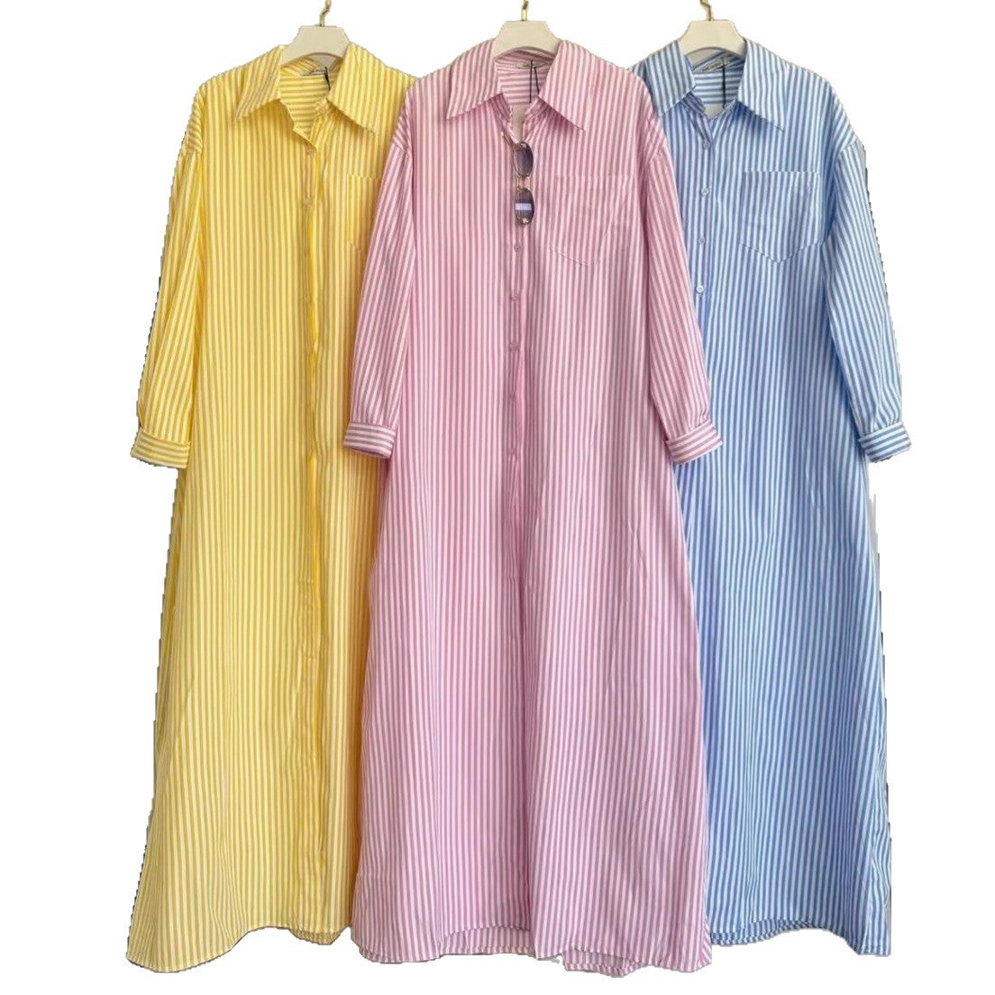 Womens Lapel-collar Long-sleeve Striped Single-breasted Dress – Premium 0 | RICALOUX