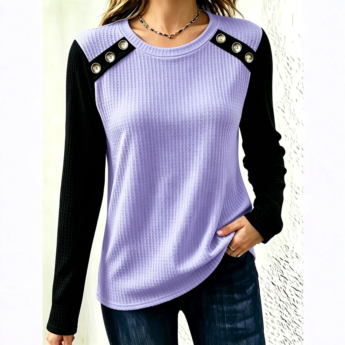 FallWinter Crew-neck Patchwork Waffle-knit Long-sleeve Top by Ricaloux
