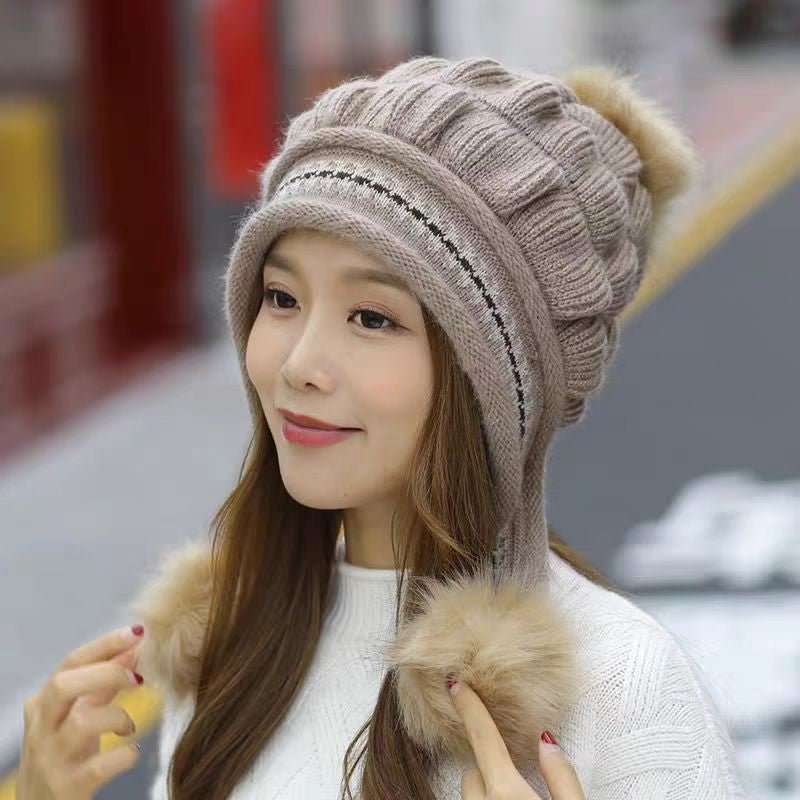 Cozy Knit Fleece-Feel Beanie With Ear Flaps & Pompom Warm Winter Hat For Women Perfect For Skiing & Outdoor Activities - RICALOUX
