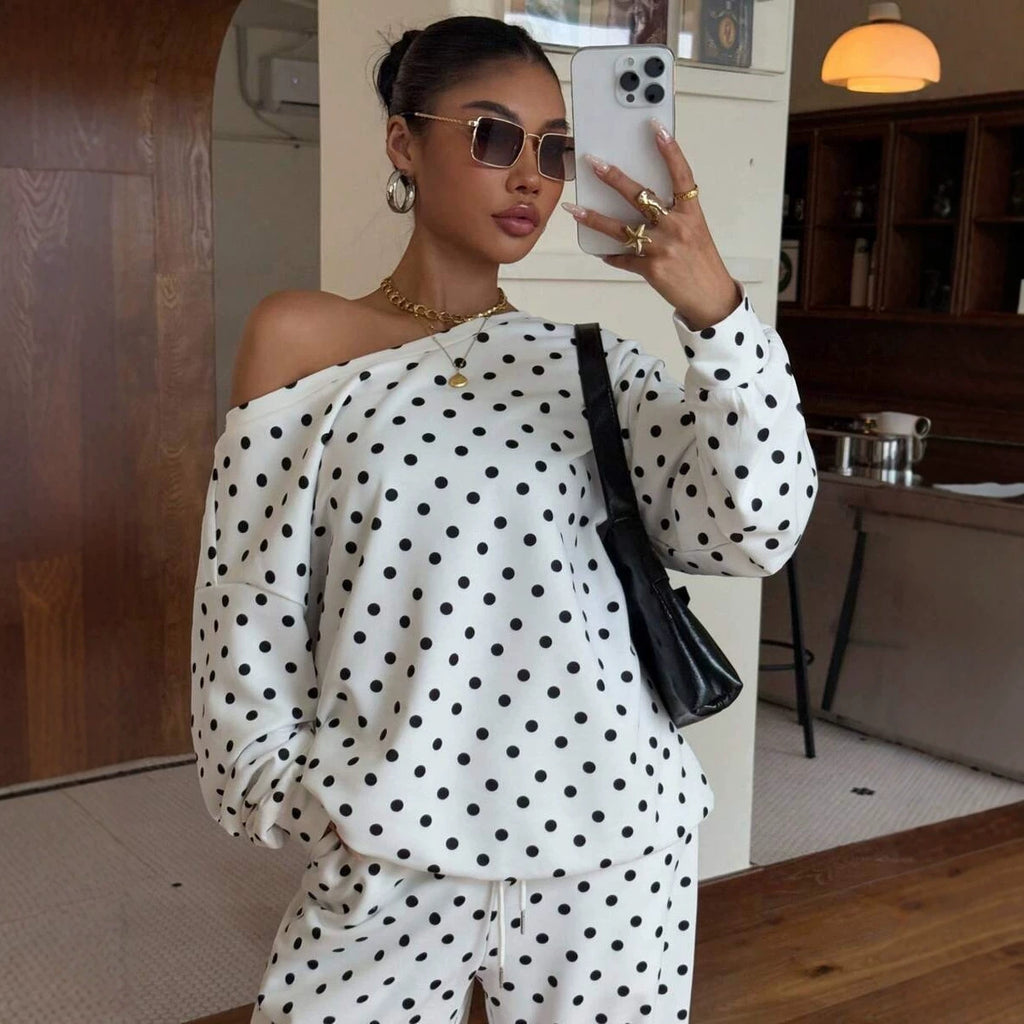 Polka-dot Print Long-sleeve Pants Casual Loose-fitting Set by Ricaloux