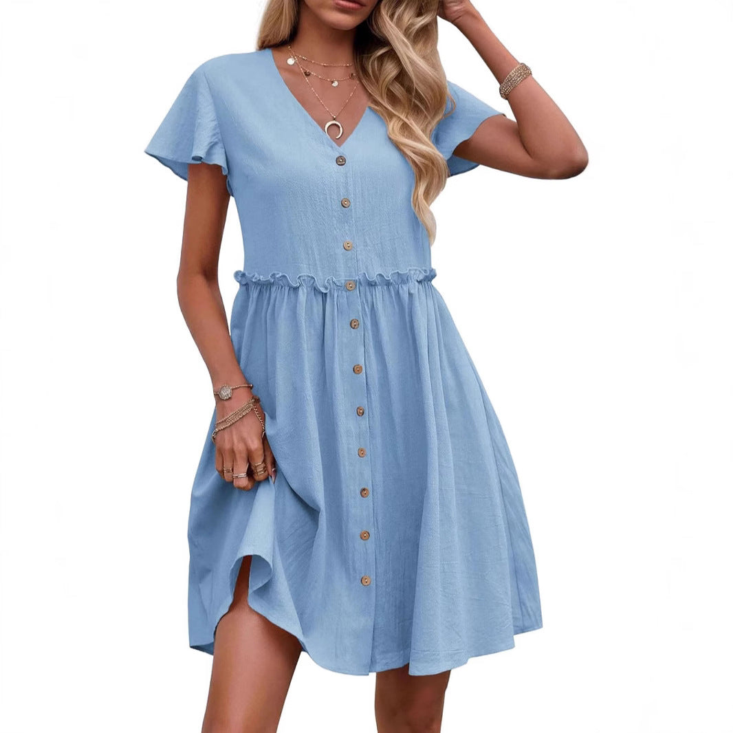 Bohemian-style Vacation V-neck Short-sleeve Ruffled Womens Dress by Ricaloux