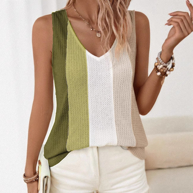 Knitted Patchwork Color-Block Casual V-Neck Slim-Fit Sleeveless Vest by Ricaloux