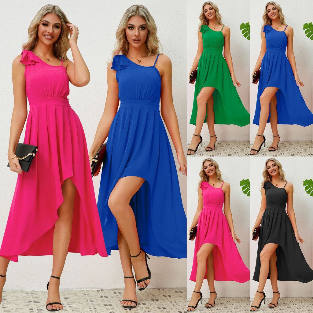 Elegant Off-shoulder Solid-color Strap Asymmetrical Dress – Premium 0 | RICALOUX