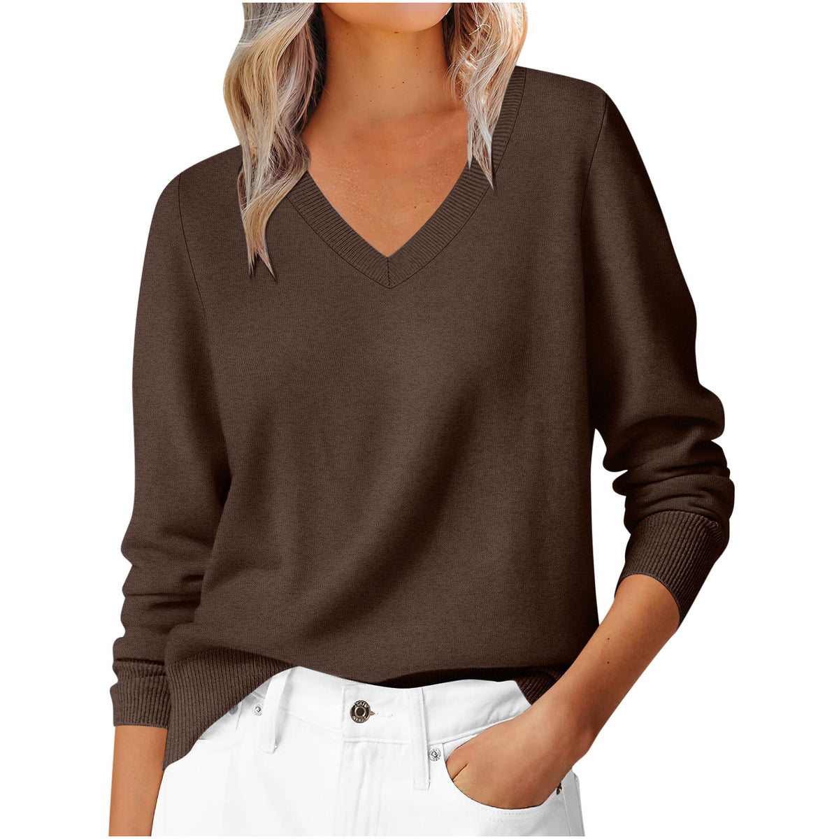 Autumn And Winter New Versatile Loose Casual Solid Color Temperament Commuting V-neck Pullover Women's Top by Ricaloux