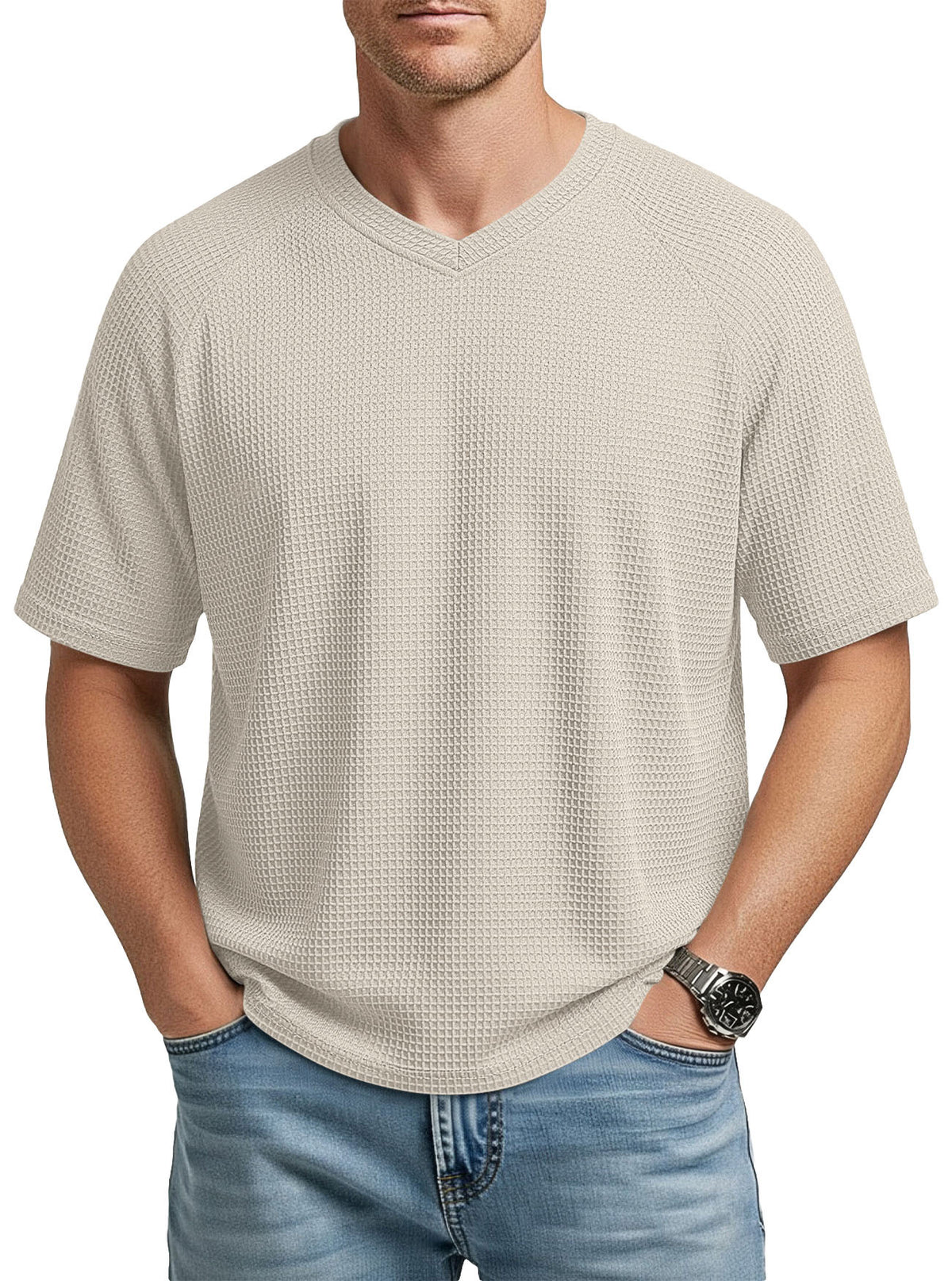 Mens V-neck Raglan Waffle-Knit Short-Sleeve Knit T-Shirt – Premium 0 | RICALOUX