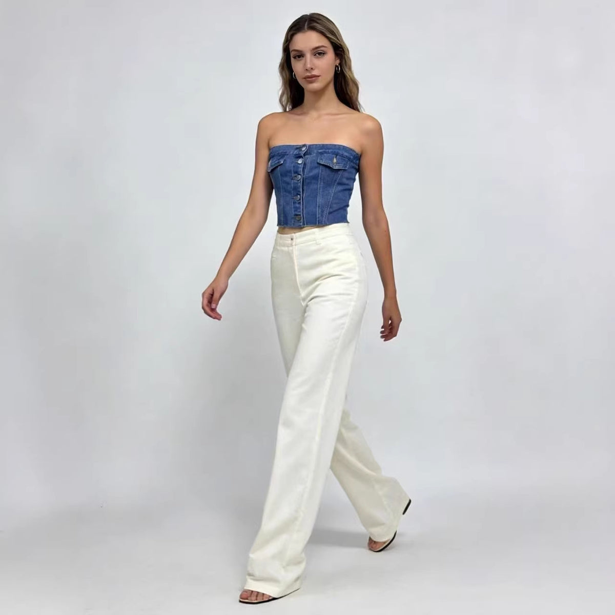 Womens Short Blue Slim-fit Denim Tube Top – Premium 0 | RICALOUX