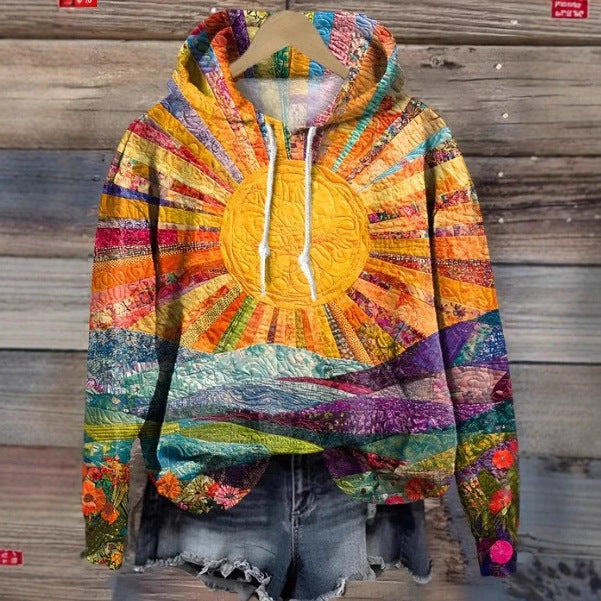 Womens Crew-Neck Pullover Casual Sweatshirt With 3D Hooded Print by Ricaloux