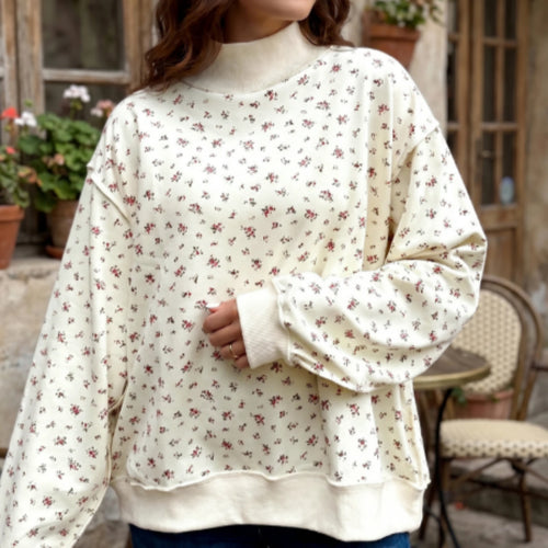 Beige Ribbed High-necked Patchwork Floral Print Loose Pullover Hoodie by Ricaloux