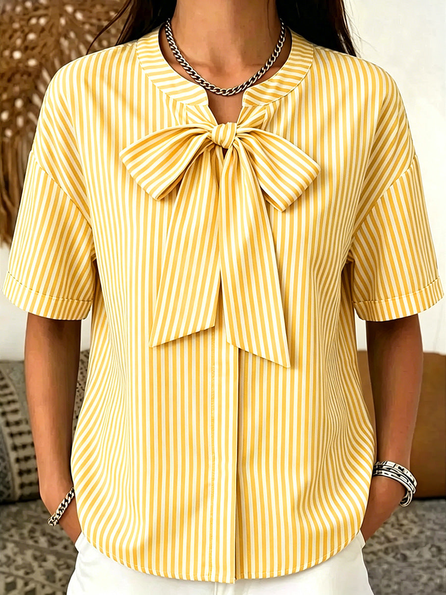 Simple Striped Casual Short-sleeve Shirt With A Bow Tie by Ricaloux