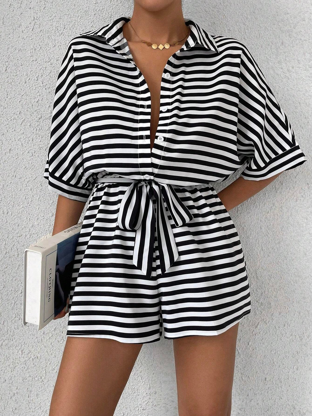 Women's Short Sleeve Striped Short Jumpsuit, Button Front Design With Waist Belt – Premium 4 | RICALOUX