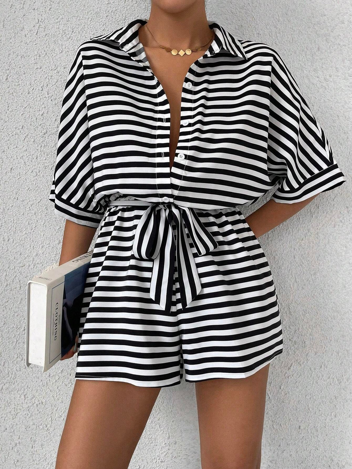 Women's Short Sleeve Striped Short Jumpsuit, Button Front Design With Waist Belt – Premium 4 | RICALOUX