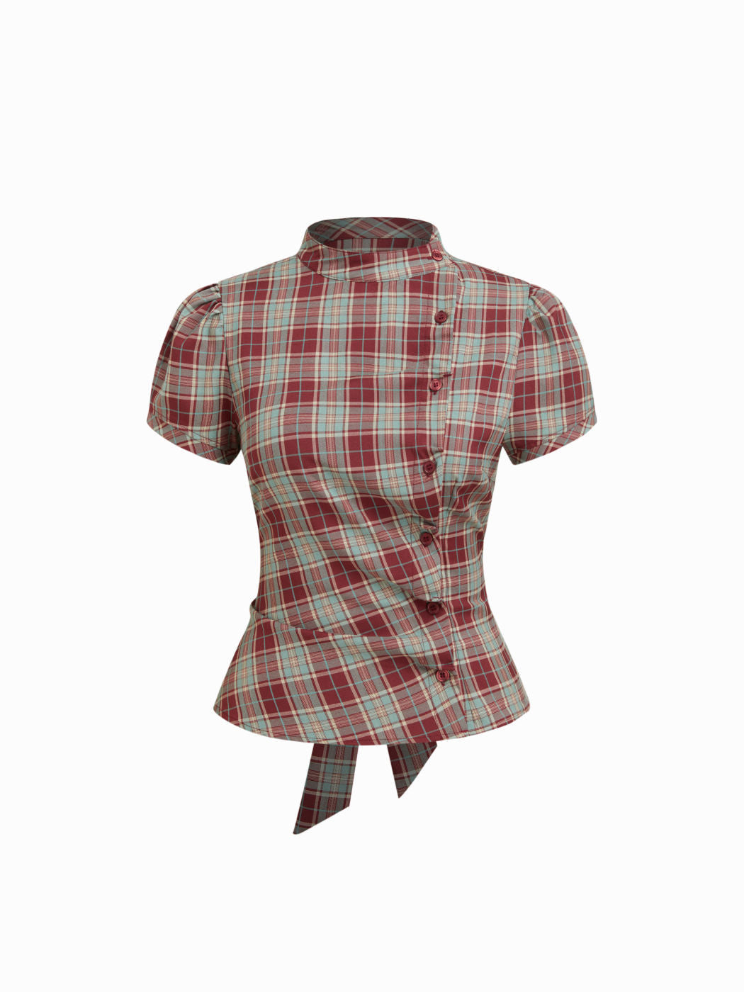 Korean-style Retro Color-block Plaid Stand-collar Short-sleeve Shirt by Ricaloux