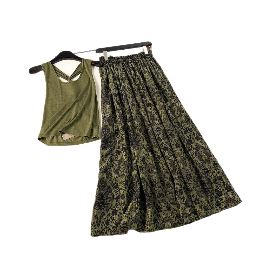 Merino Wool Halter-neck Twist Vest Silk Palm-printed Midi Skirt – Premium 0 | RICALOUX