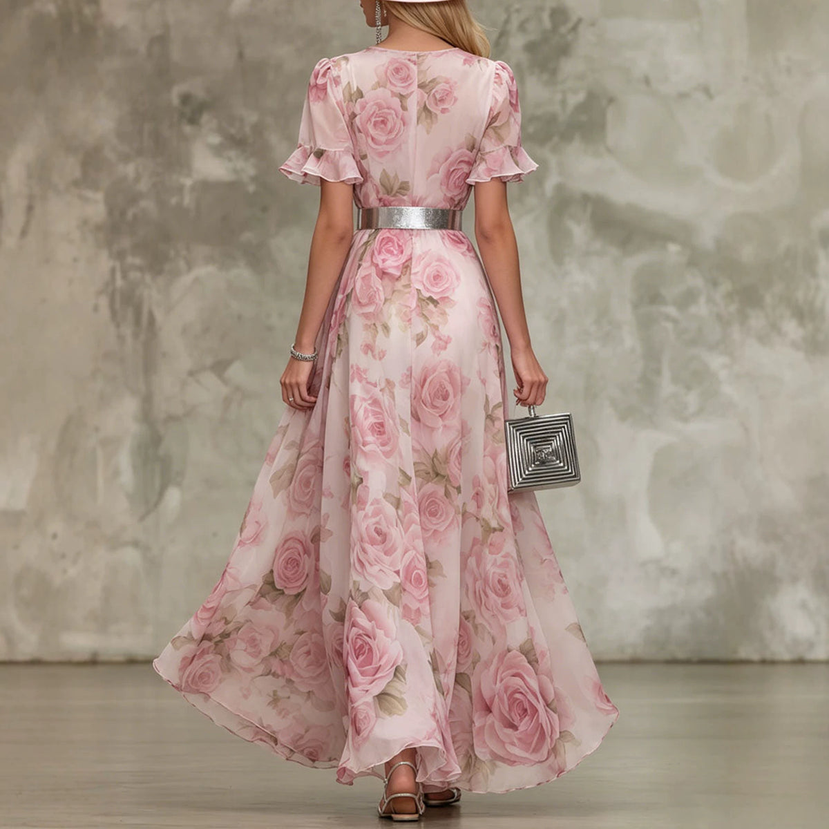 French-Style Romantic Rose-Print Chiffon Maxi Dress – Premium 0 | RICALOUX