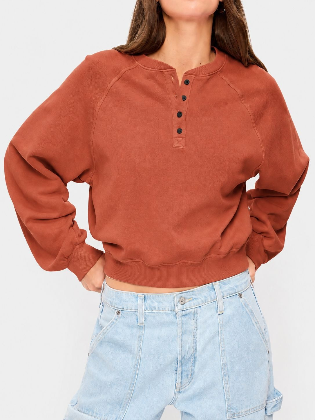 Womens Crew-neck Button-up Sweatshirt Loose-fit Casual Cropped Top by Ricaloux