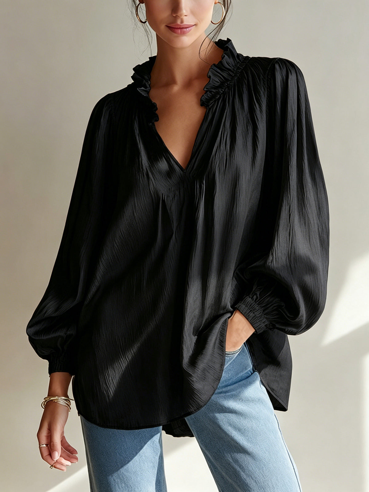 V-neck Loose-fitting Top With Puffed Balloon Sleeves by Ricaloux
