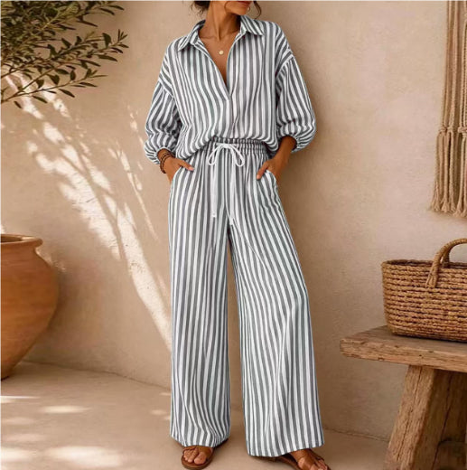 Fashionable Striped Lapel Shirt And Pants Womens Set by Ricaloux