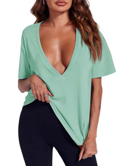Solid-color Deep V-neck Short-sleeve T-shirt For Women by Ricaloux