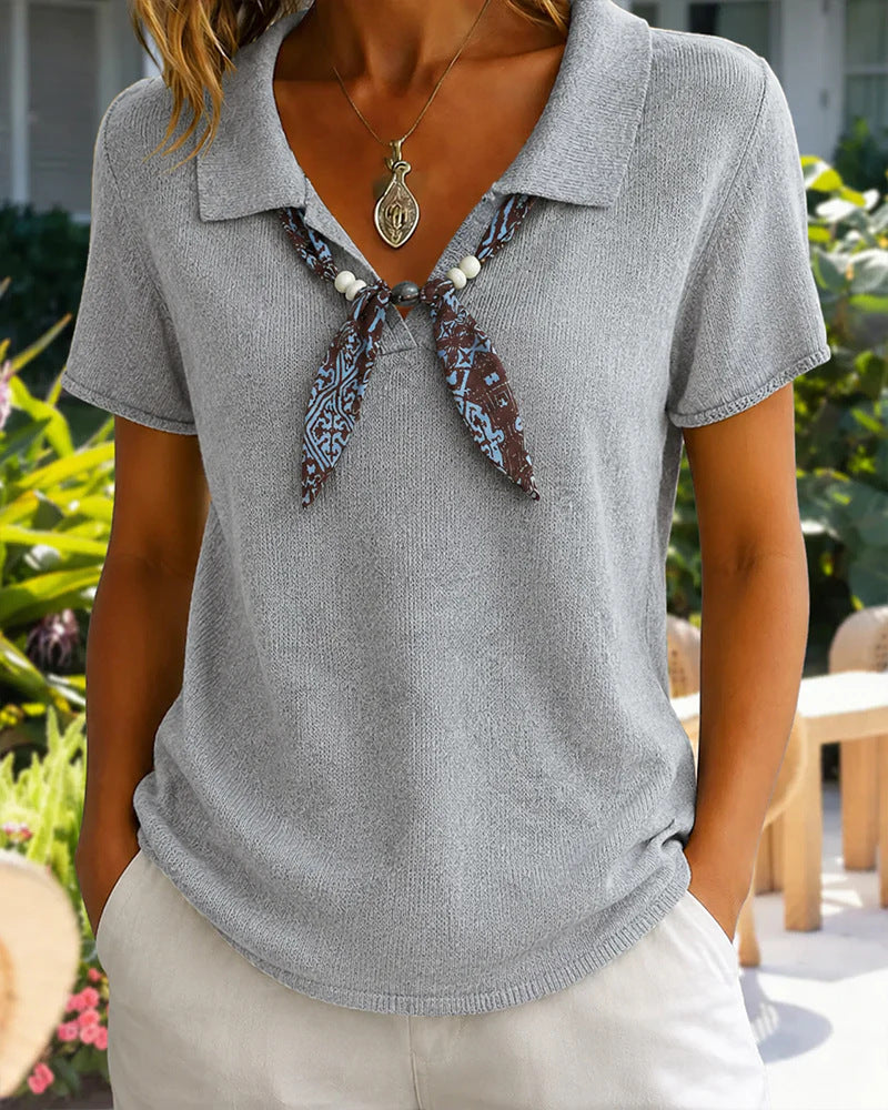 Womens Knitted Polo-neck Top With Short Sleeves And A Ribbon Detail by Ricaloux