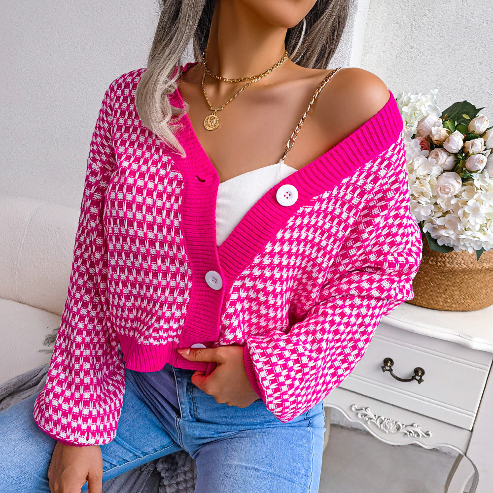Autumn Winter European And American-style Color-block Plaid Cardigan Sweater With Puff Sleeves – Premium 0 | RICALOUX